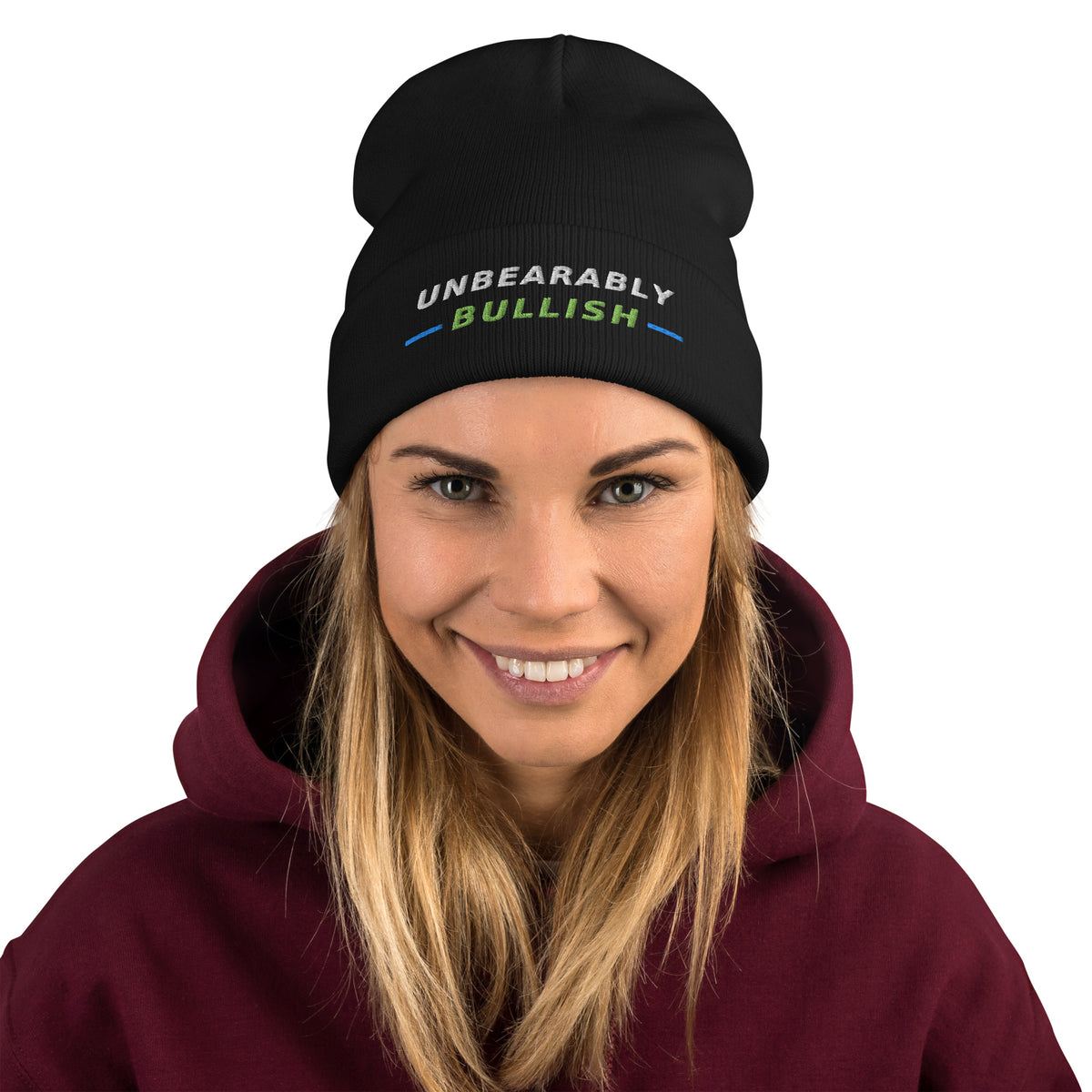 Unbearably Bullish Beanie in Black, close-up of embroidery