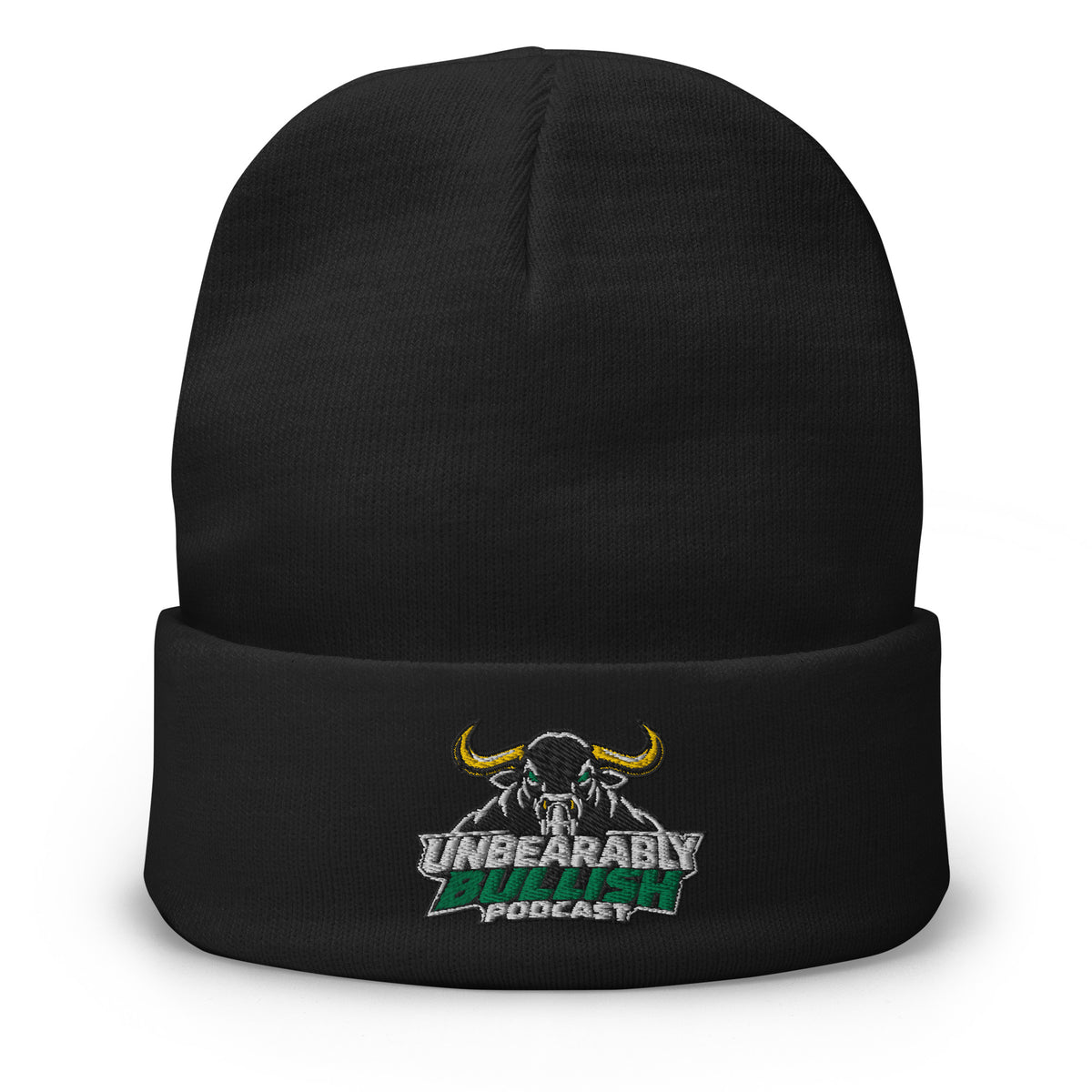Unbearably Bullish Podcast Logo Beanie in Black, front view