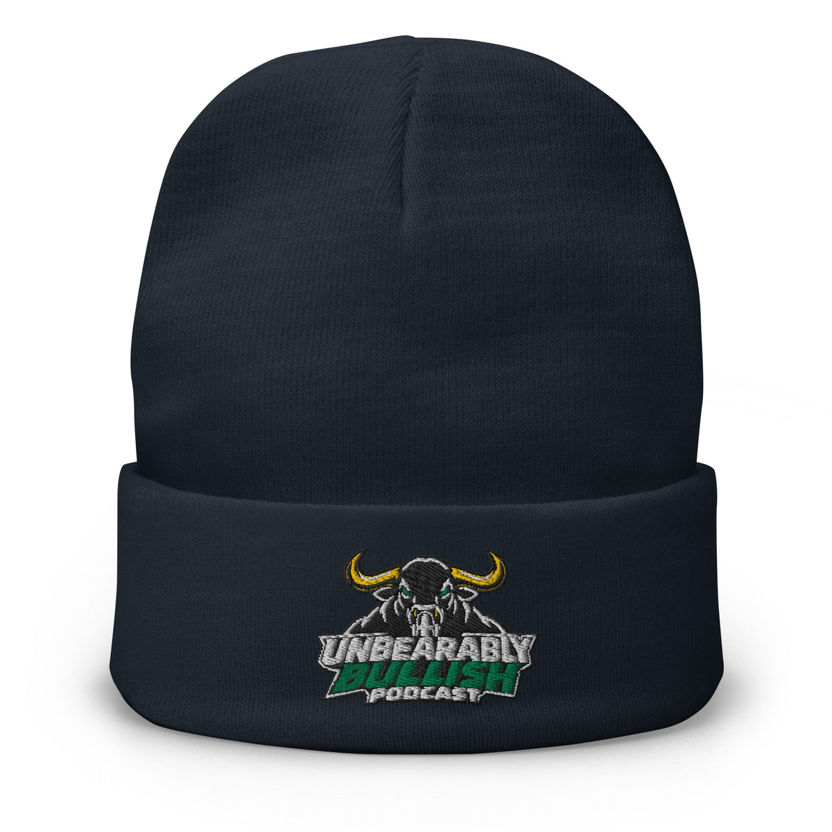 Unbearably Bullish Podcast Logo Beanie in Navy, front view