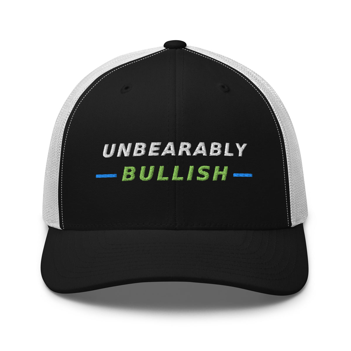 Unbearably Bullish Trucker Hat in Black and White, front view