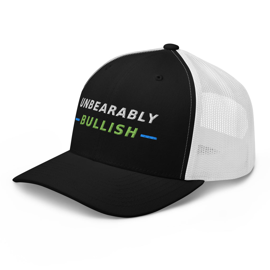 Unbearably Bullish Trucker Hat in Black and White, left front angle