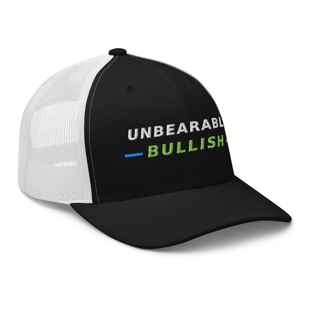 Unbearably Bullish Trucker Hat in Black and White, right front angle
