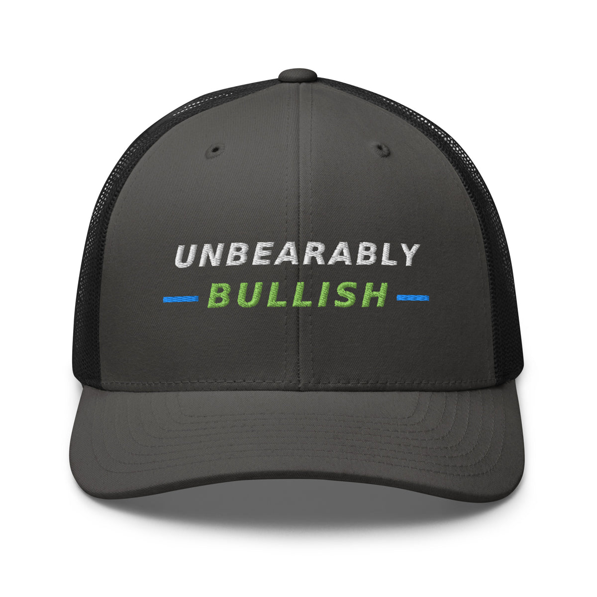 Unbearably Bullish Trucker Hat in Charcoal and Black, front view