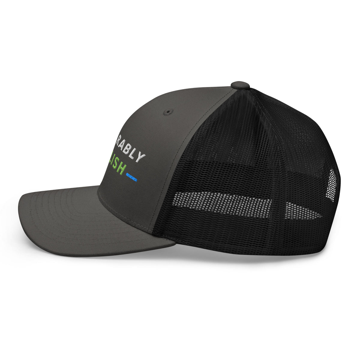 Unbearably Bullish Trucker Hat in Charcoal and Black, left side