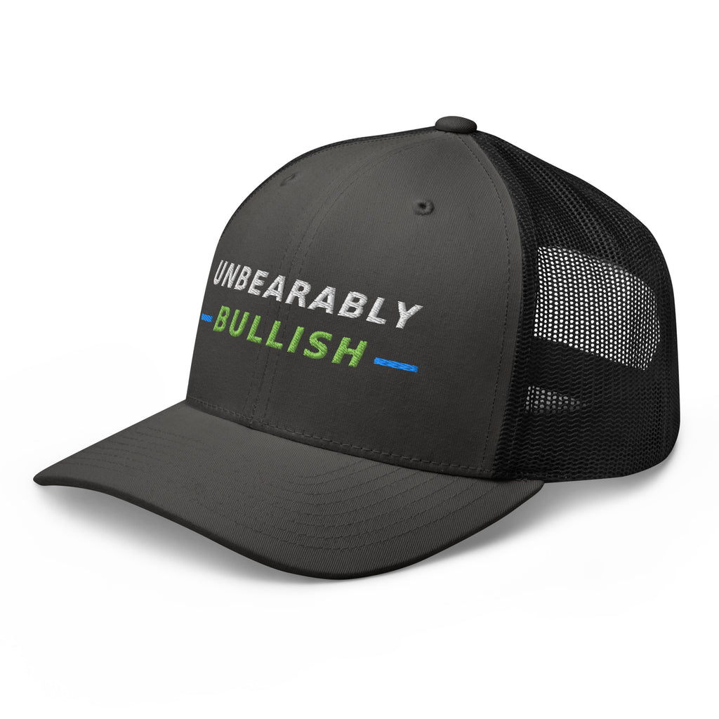 Unbearably Bullish Trucker Hat in Charcoal and Black, left front angle
