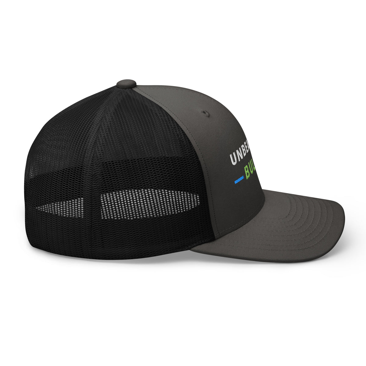 Unbearably Bullish Trucker Hat in Charcoal and Black, right side