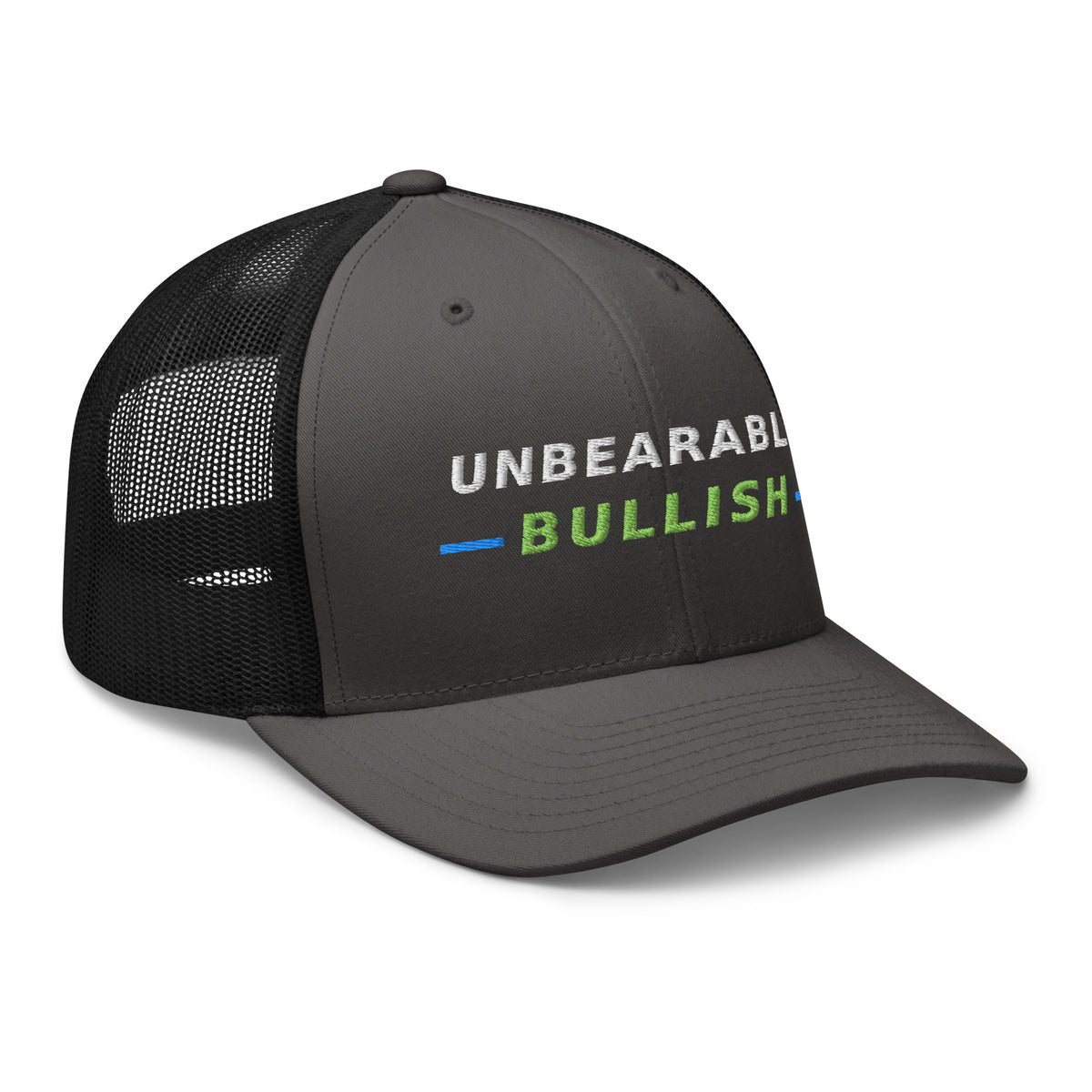Unbearably Bullish Trucker Hat in Charcoal and Black, right front angle