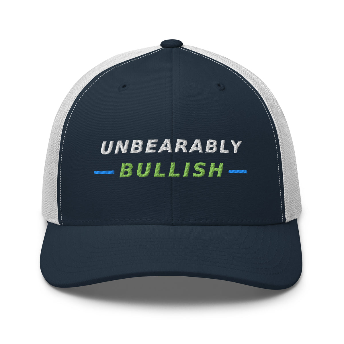 Unbearably Bullish Trucker Hat in Navy and White, front view