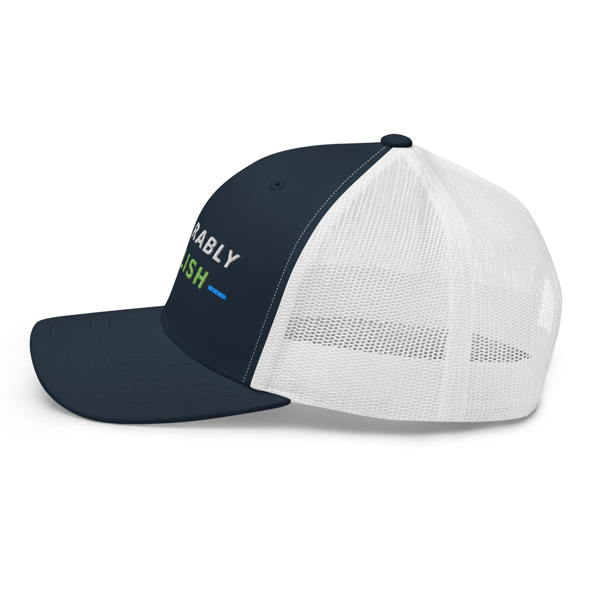 Unbearably Bullish Trucker Hat in Navy and White, left side