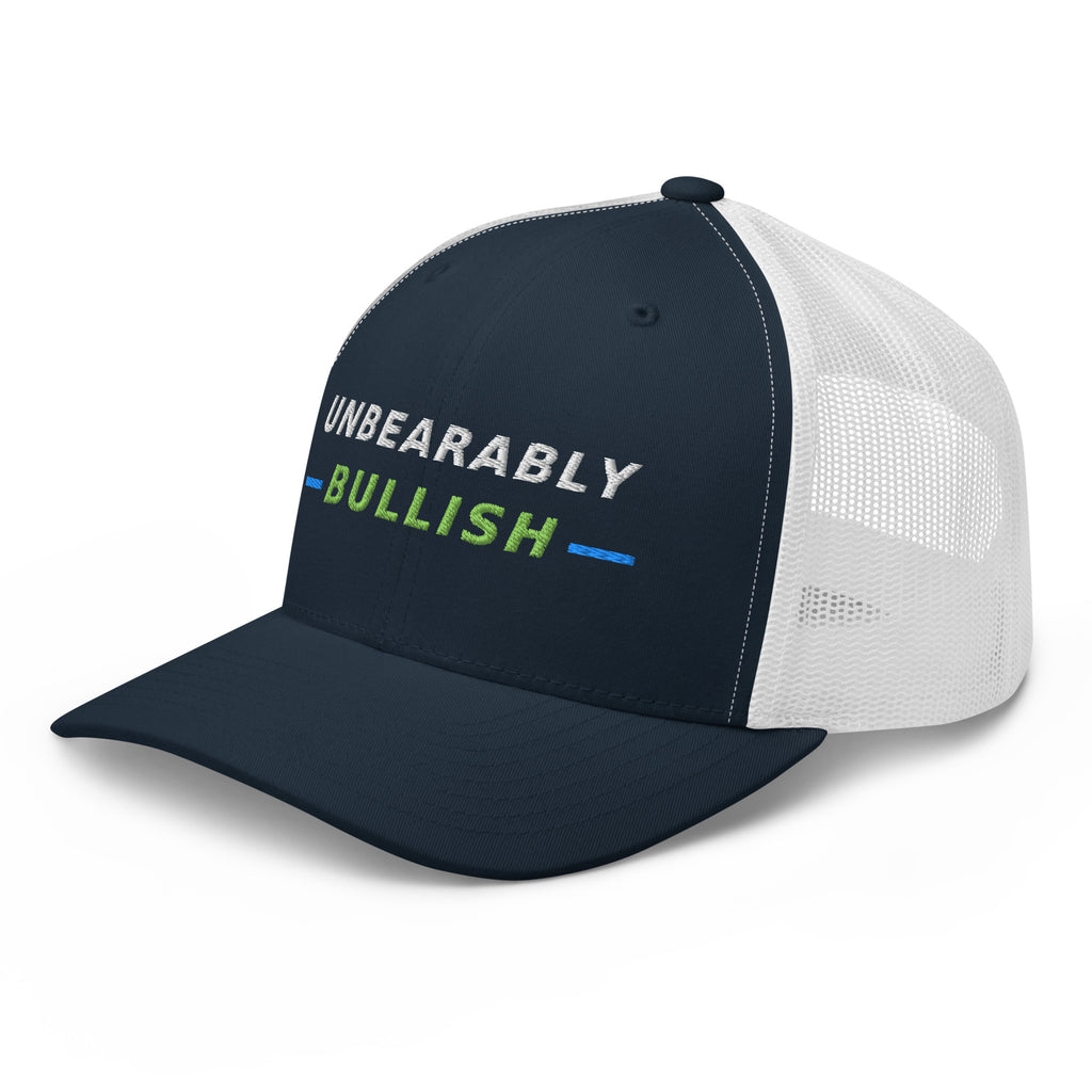 Unbearably Bullish Trucker Hat in Navy and White, left front angle