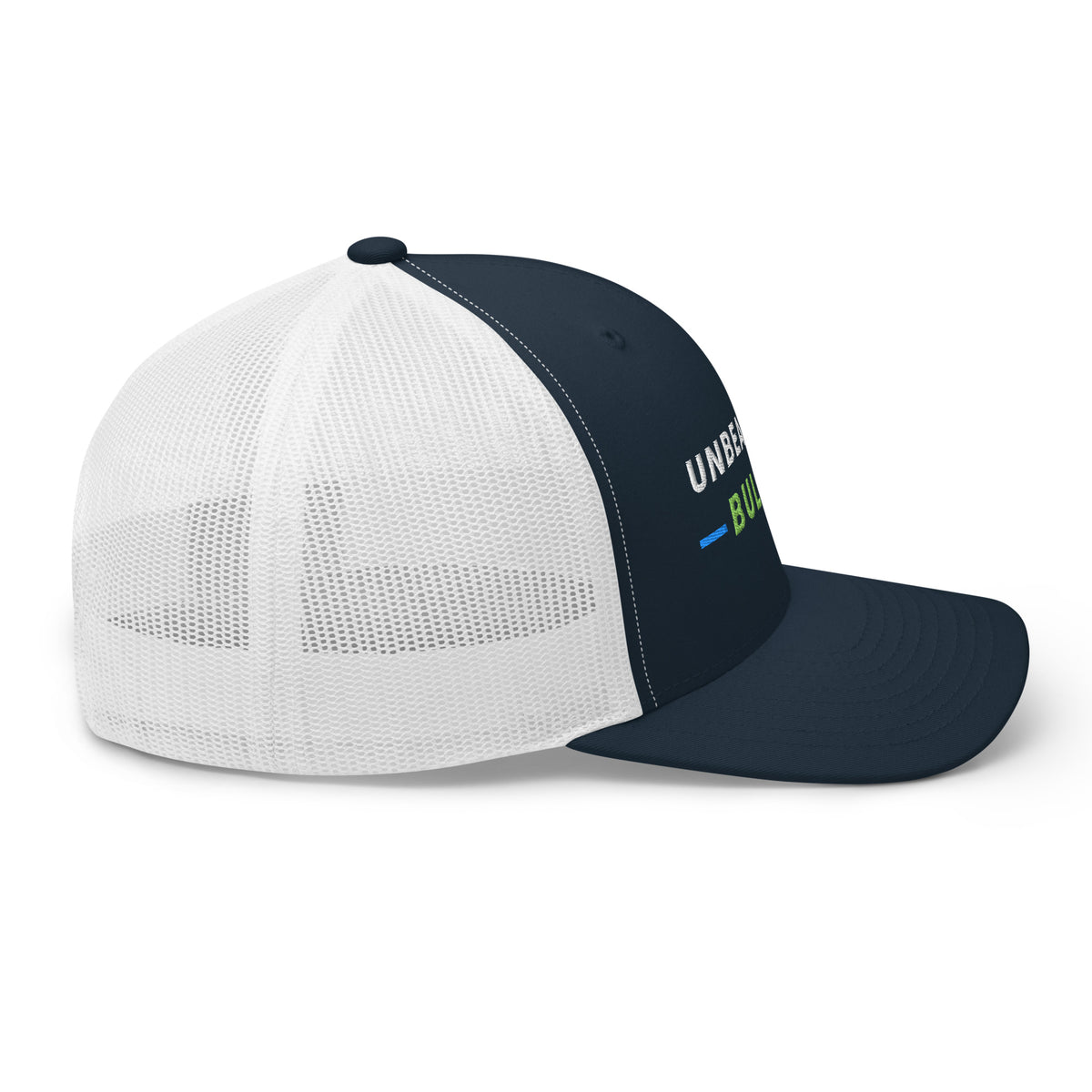 Unbearably Bullish Trucker Hat in Navy and White, right side