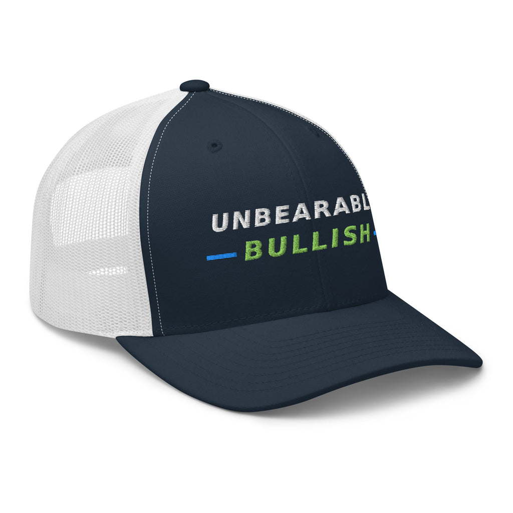 Unbearably Bullish Trucker Hat in Navy and White, right front angle