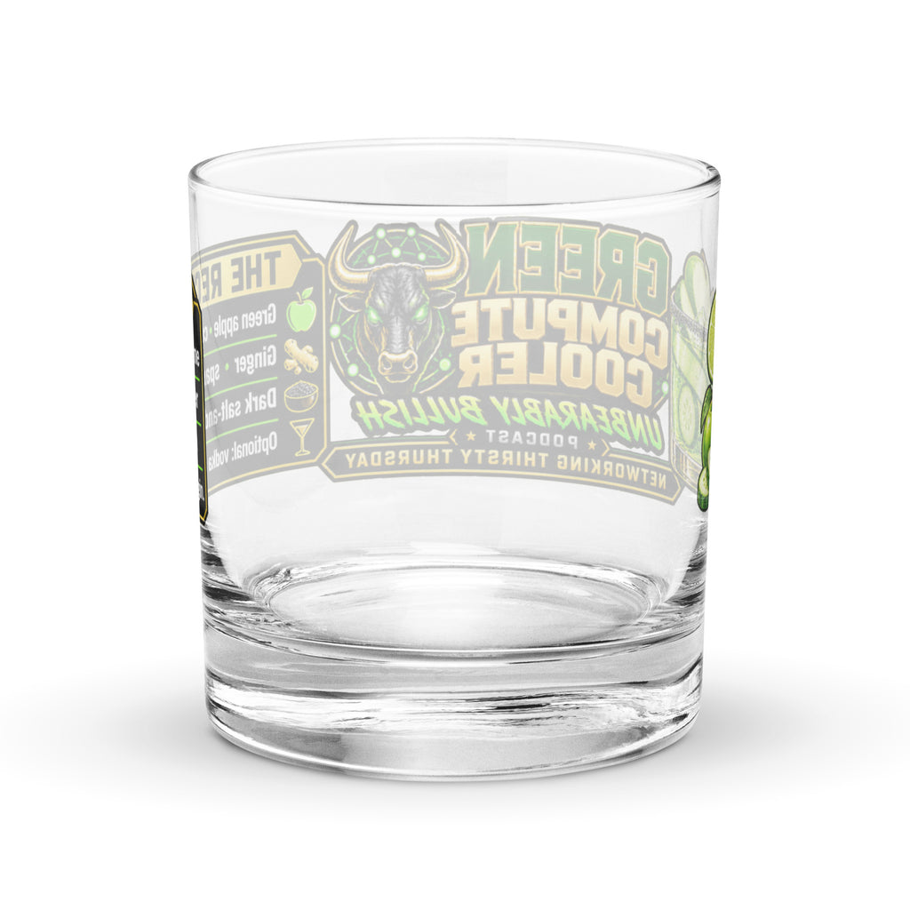 Green Compute Cooler Rocks Glass, back view
