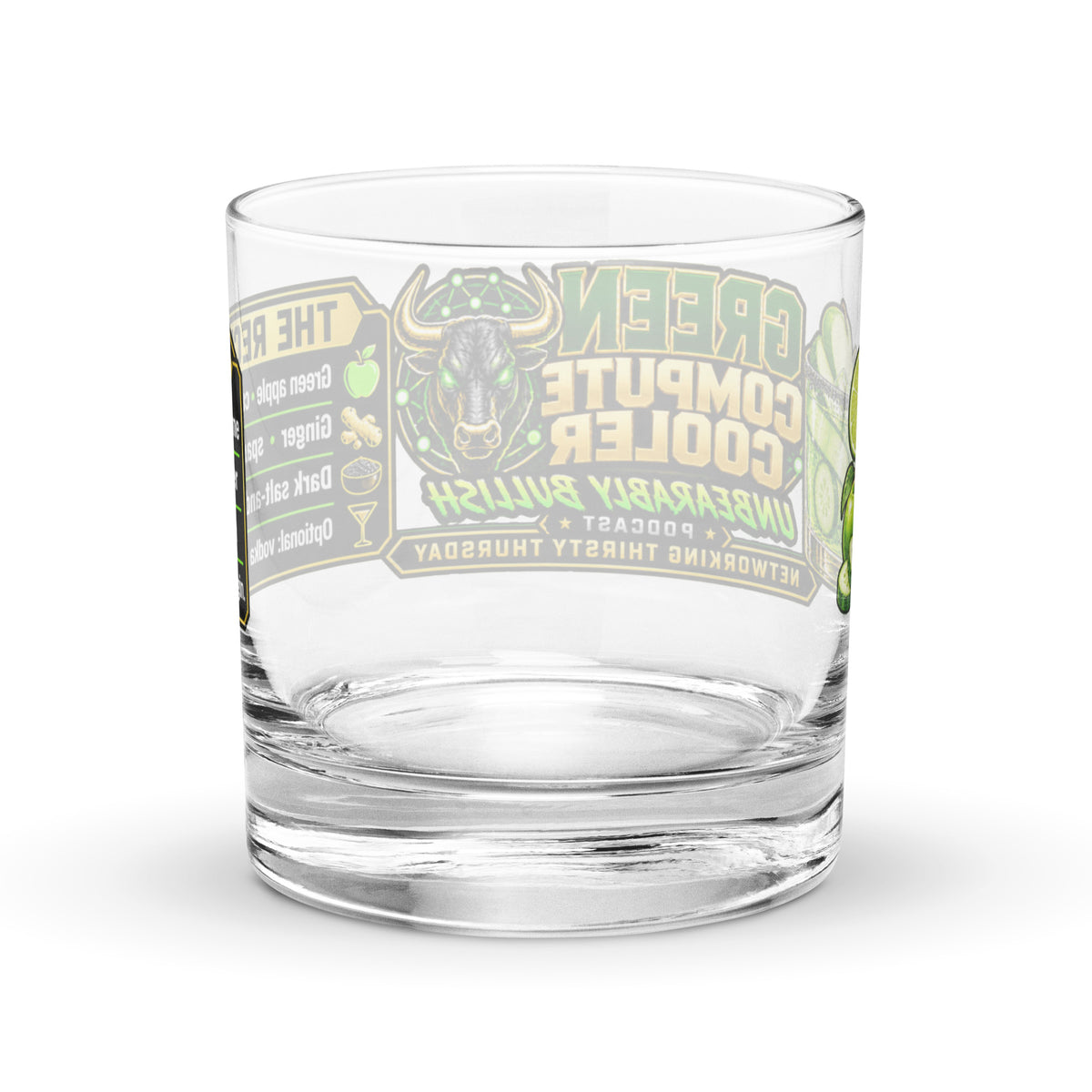 Green Compute Cooler Rocks Glass, back view