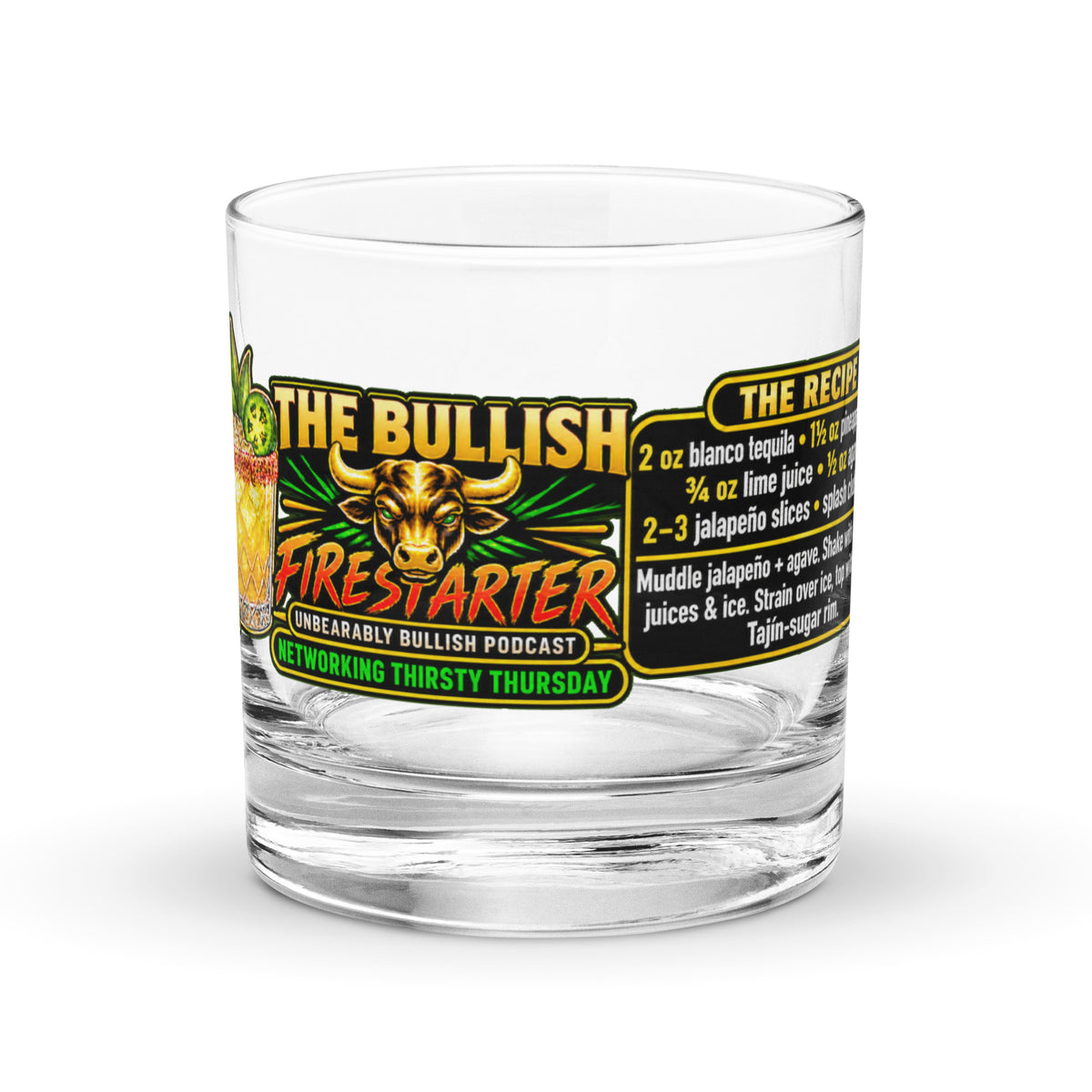 The Bullish Firestarter Rocks Glass, front view with the bull logo