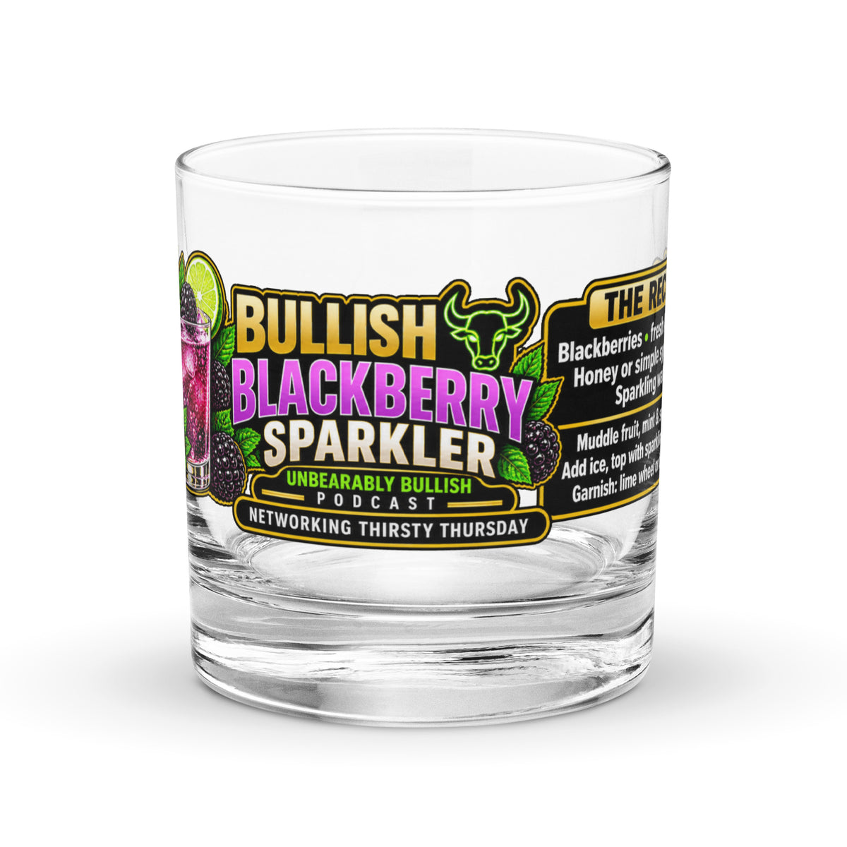 Bullish Blackberry Sparkler Rocks Glass, front view with the bull logo