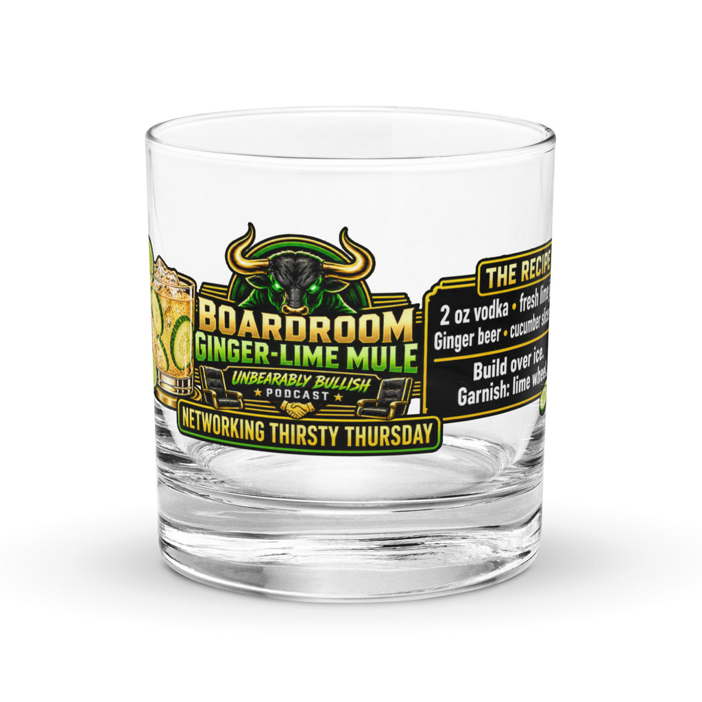 Boardroom Ginger-Lime Mule Rocks Glass, front view with the bull logo