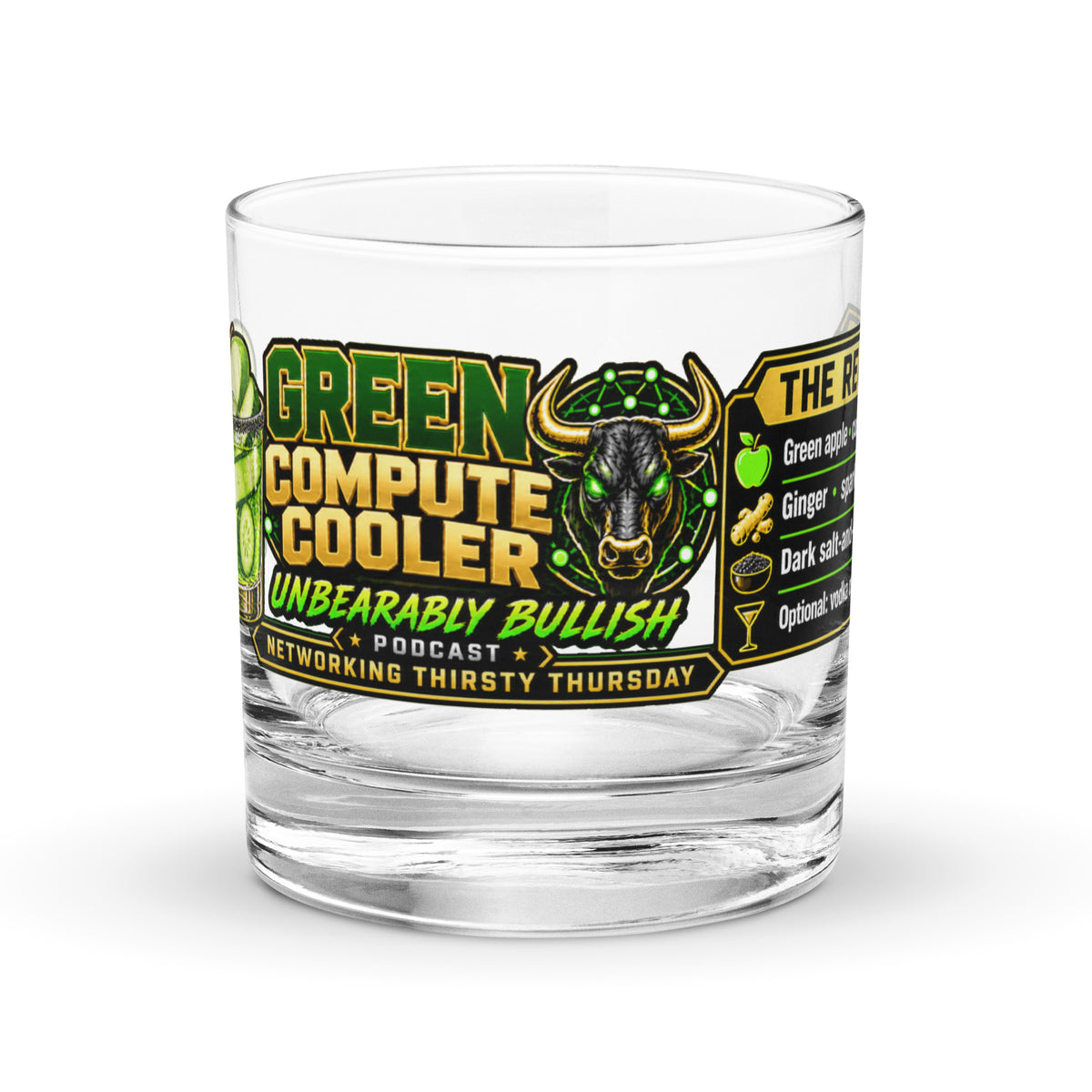 Green Compute Cooler Rocks Glass, front view with the bull logo
