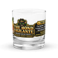 The Bond Vigilante Rocks Glass, front view with the bull logo