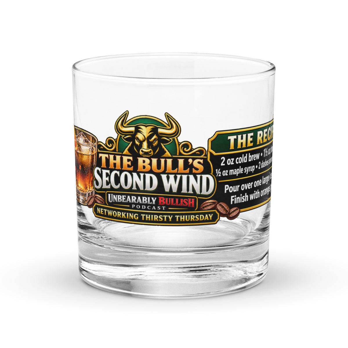 The Bull's Second Wind Rocks Glass, front view with the bull logo