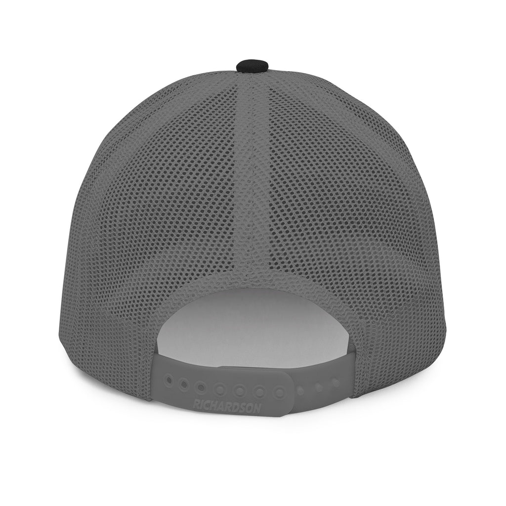 Unbearably Bullish Podcast Trucker Cap in Black and Charcoal, back view