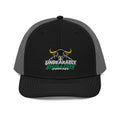 Unbearably Bullish Podcast Trucker Cap in Black and Charcoal, front view