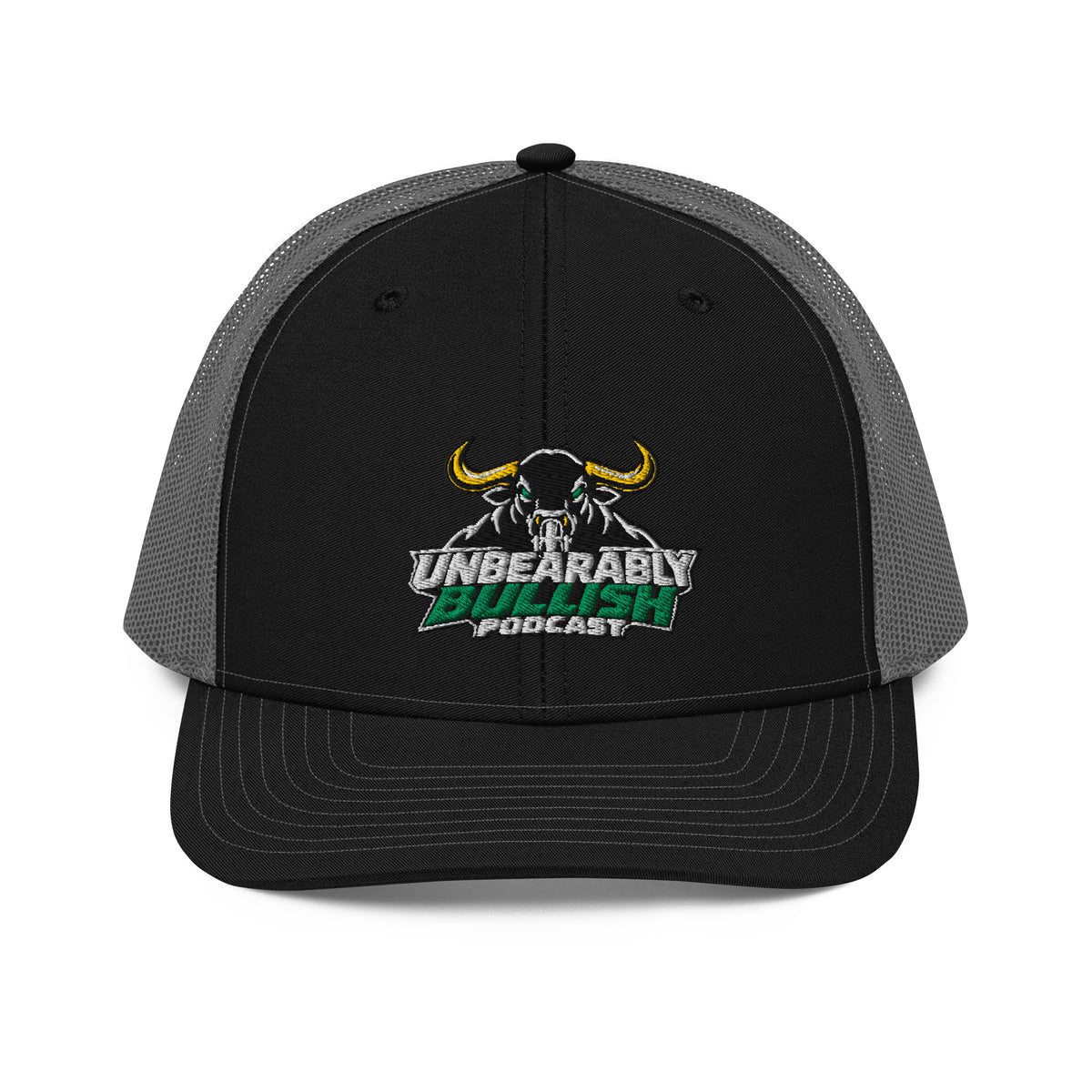 Unbearably Bullish Podcast Trucker Cap in Black and Charcoal, front view