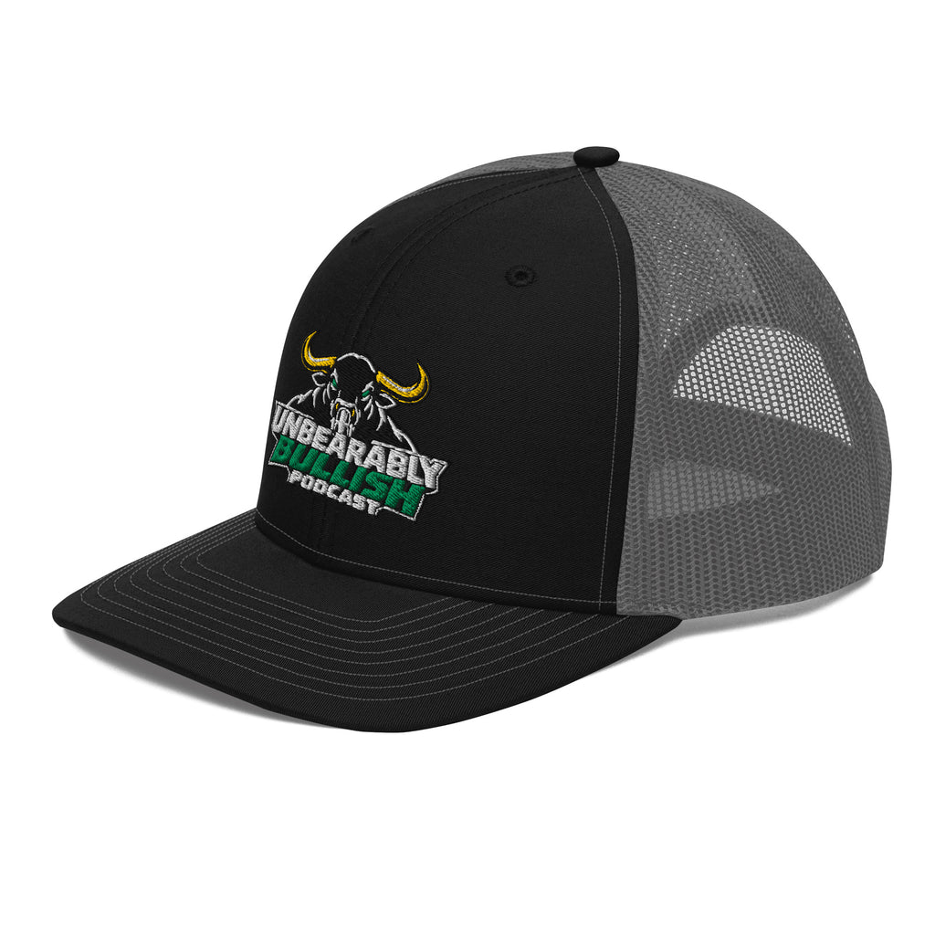 Unbearably Bullish Podcast Trucker Cap in Black and Charcoal, left front angle