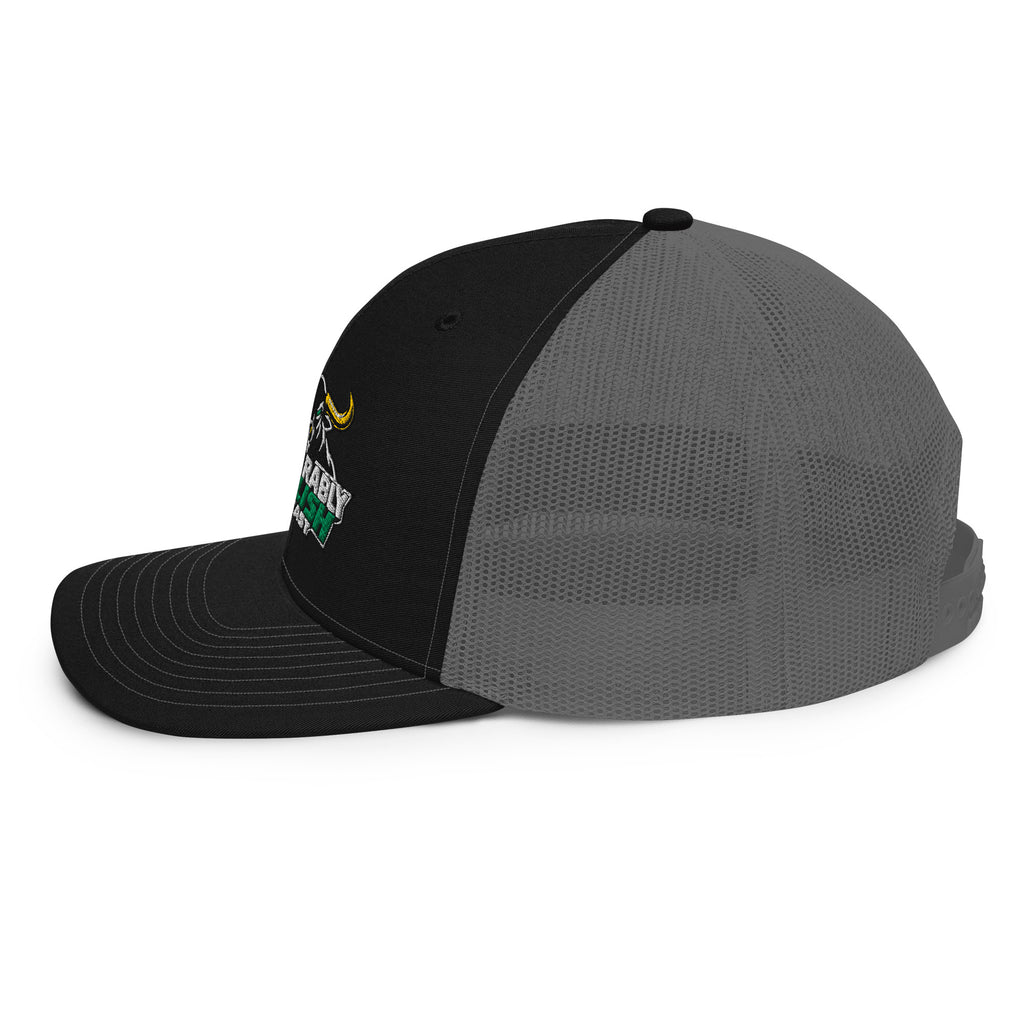 Unbearably Bullish Podcast Trucker Cap in Black and Charcoal, left side