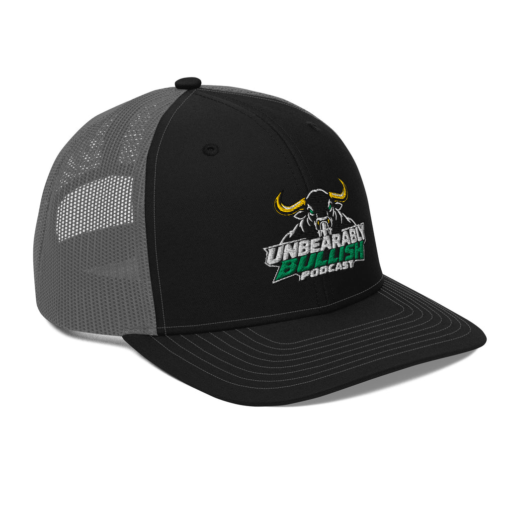 Unbearably Bullish Podcast Trucker Cap in Black and Charcoal, right front angle