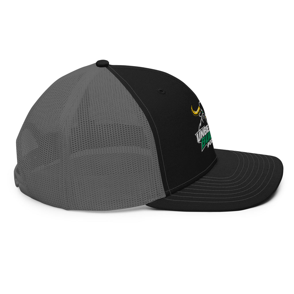 Unbearably Bullish Podcast Trucker Cap in Black and Charcoal, right side