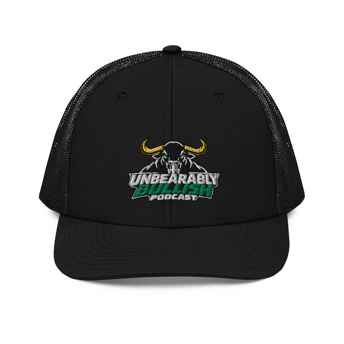Unbearably Bullish Podcast Trucker Cap in Black, front view