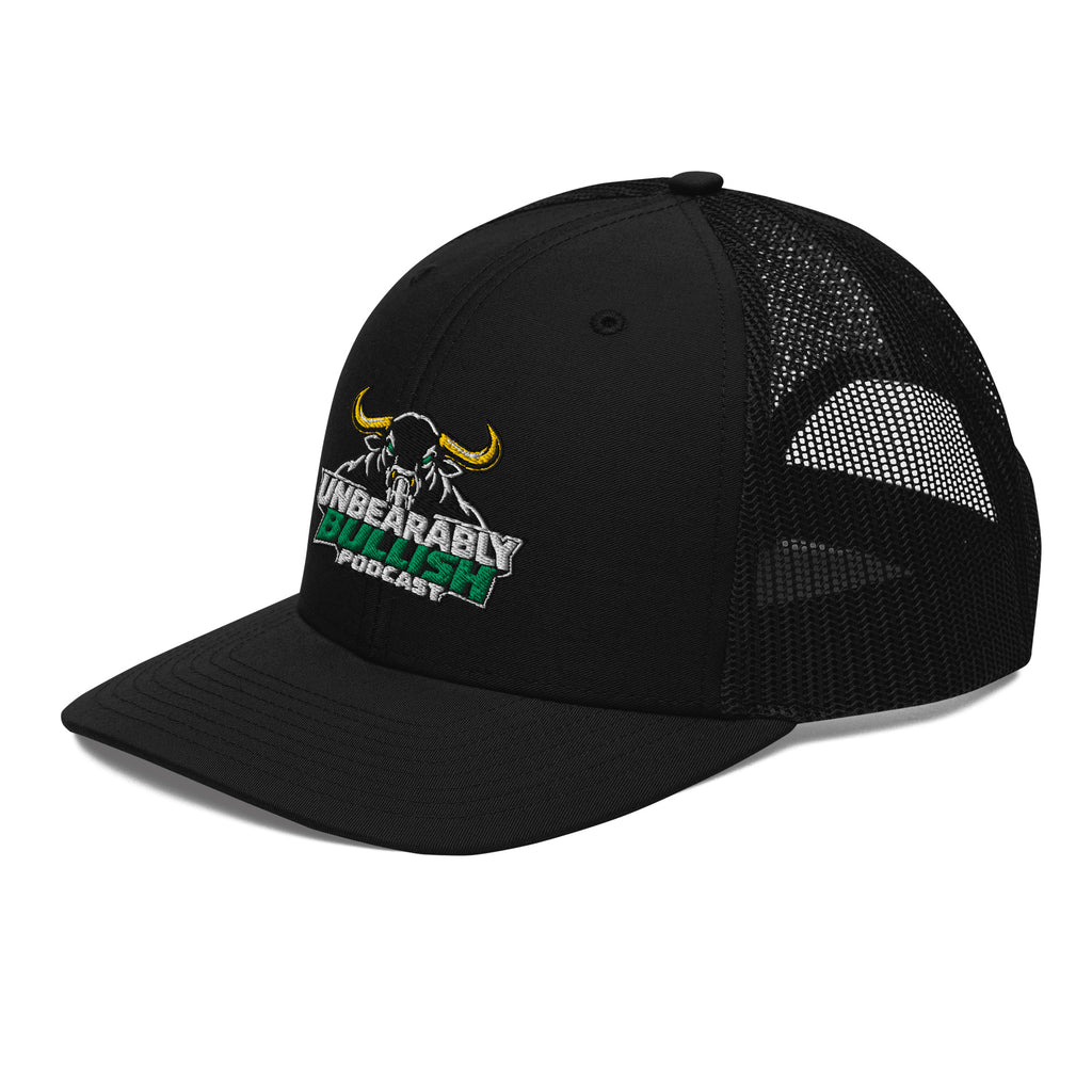 Unbearably Bullish Podcast Trucker Cap in Black, left front angle