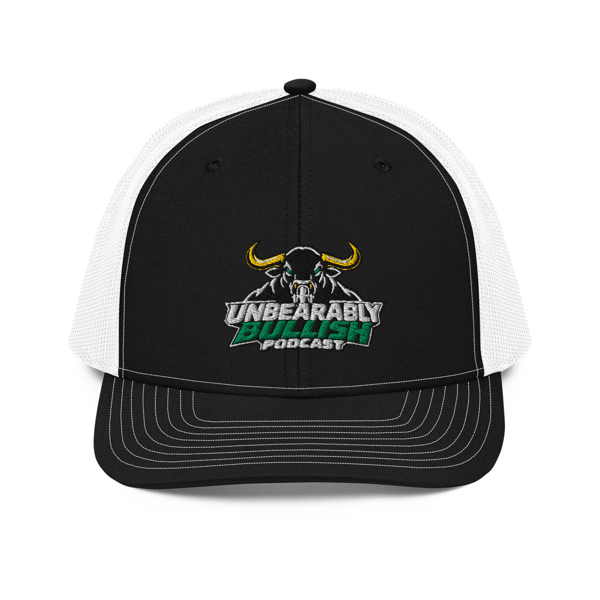 Unbearably Bullish Podcast Trucker Cap in Black and White, front view