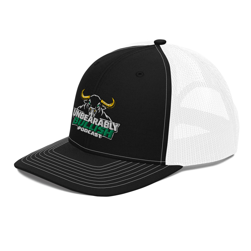 Unbearably Bullish Podcast Trucker Cap in Black and White, left front angle