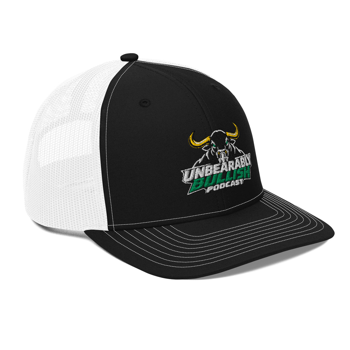 Unbearably Bullish Podcast Trucker Cap in Black and White, right front angle
