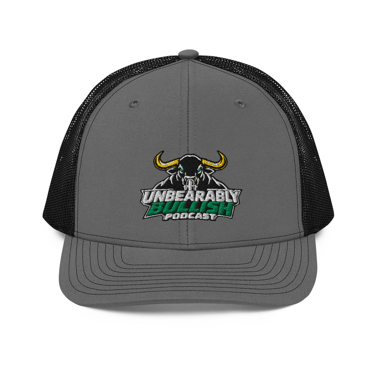 Unbearably Bullish Podcast Trucker Cap in Charcoal and Black, front view