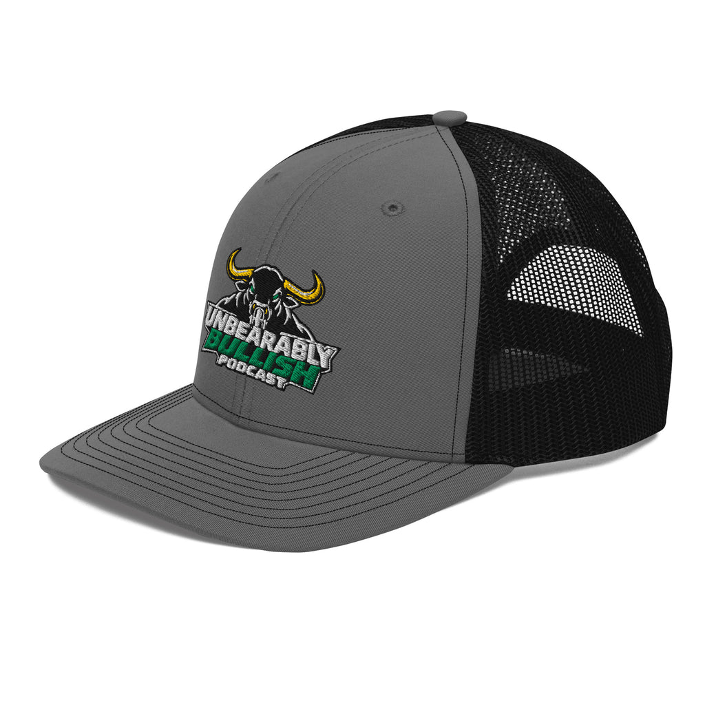 Unbearably Bullish Podcast Trucker Cap in Charcoal and Black, left front angle