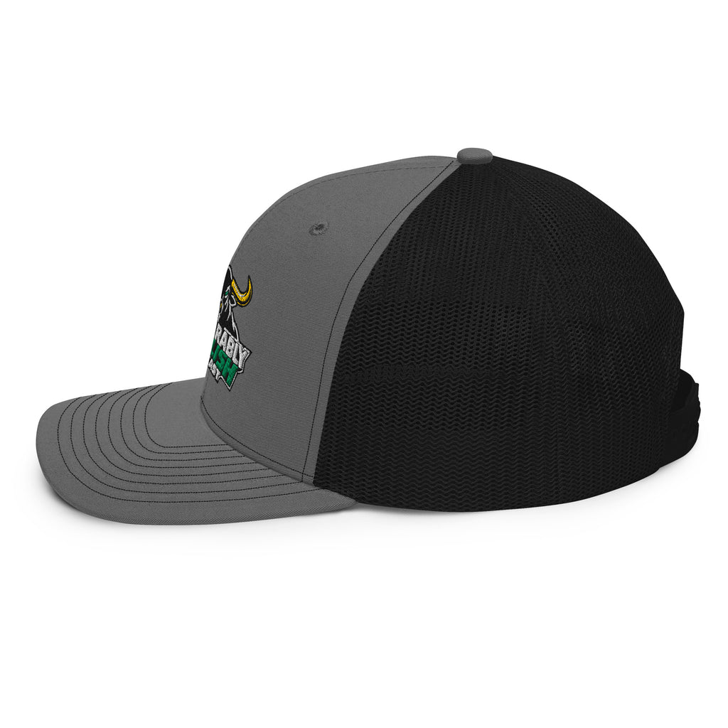 Unbearably Bullish Podcast Trucker Cap in Charcoal and Black, left side