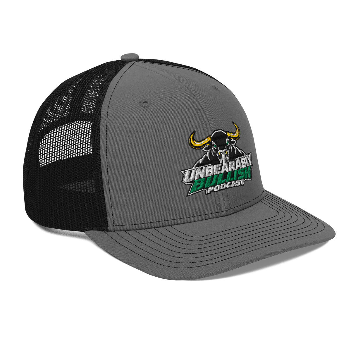 Unbearably Bullish Podcast Trucker Cap in Charcoal and Black, right front angle