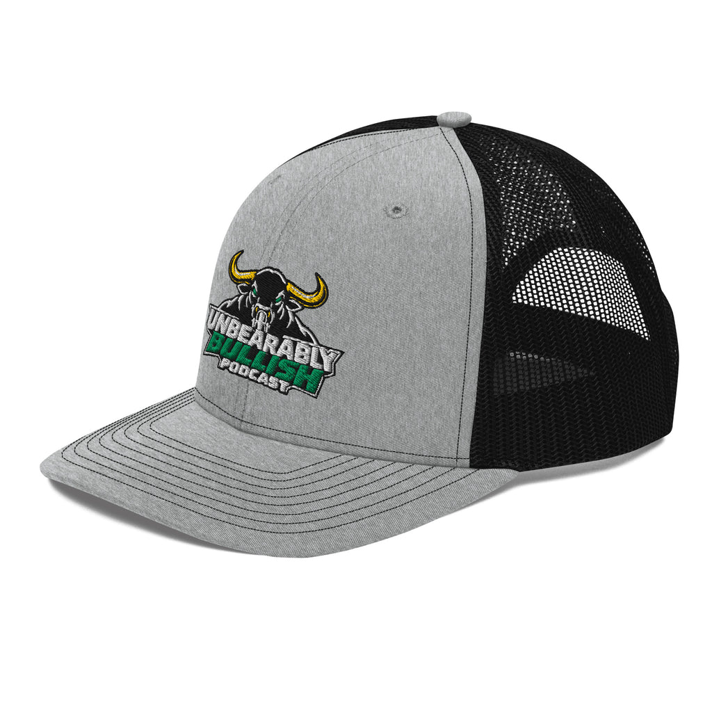 Unbearably Bullish Podcast Trucker Cap in Heather Grey and Black, left front angle