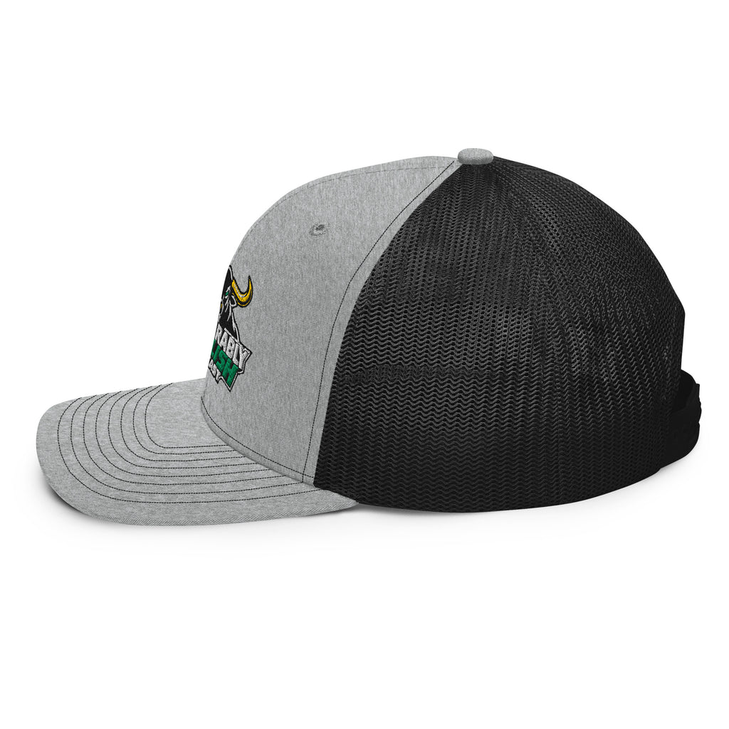 Unbearably Bullish Podcast Trucker Cap in Heather Grey and Black, left side