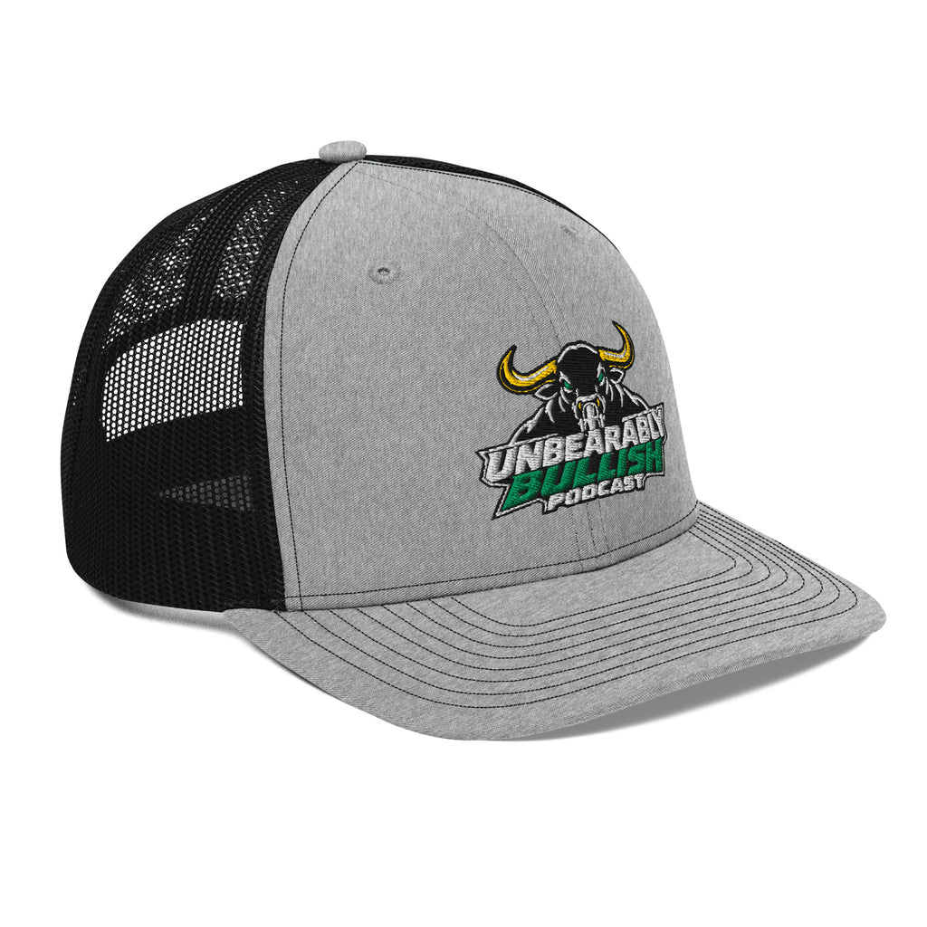Unbearably Bullish Podcast Trucker Cap in Heather Grey and Black, right front angle