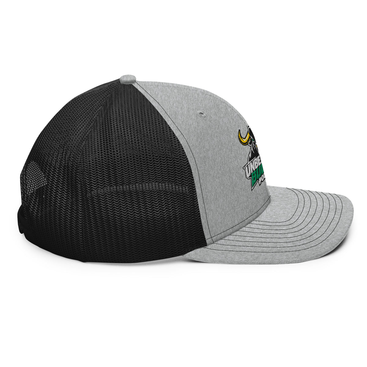 Unbearably Bullish Podcast Trucker Cap in Heather Grey and Black, right side