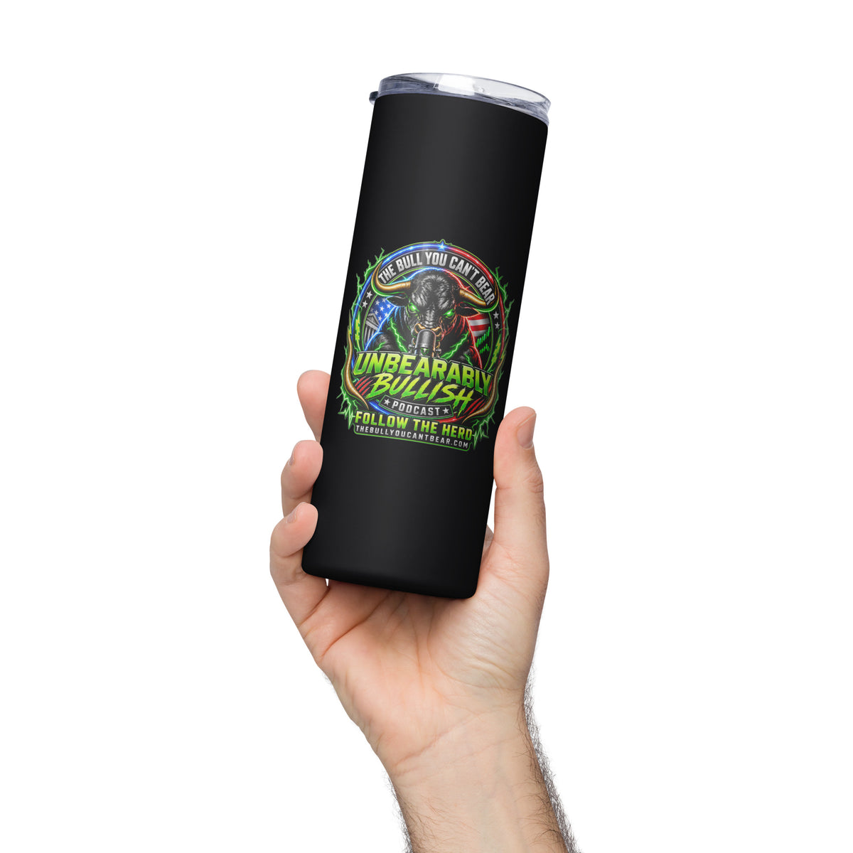 Unbearably Bullish Crest Tumbler, black stainless steel, lifestyle view