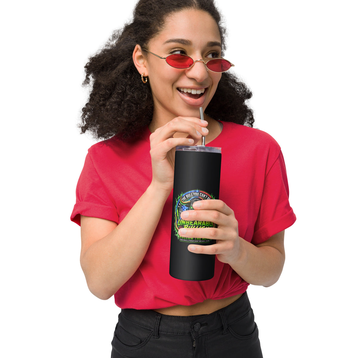 Unbearably Bullish Crest Tumbler, black stainless steel, alternate front view