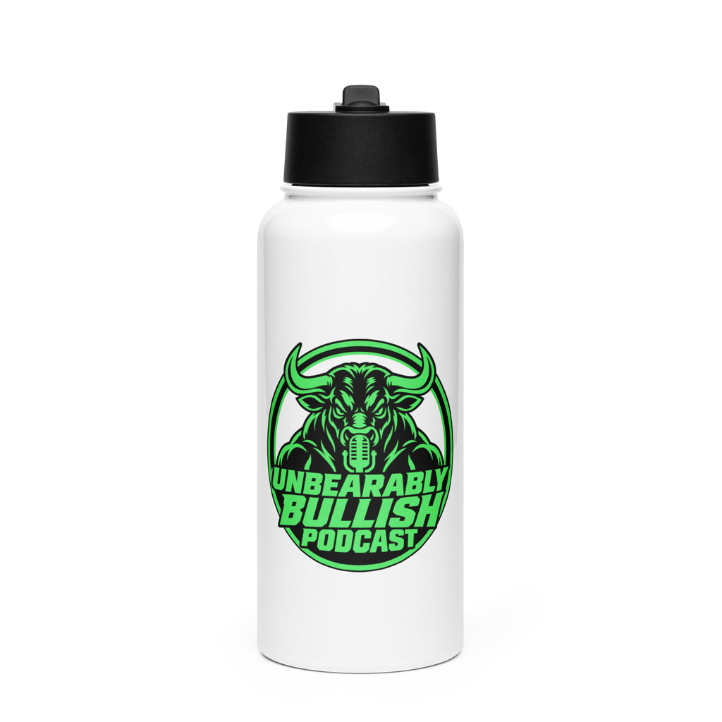 Unbearably Bullish Water Bottle, white 32 oz stainless steel with straw lid, front