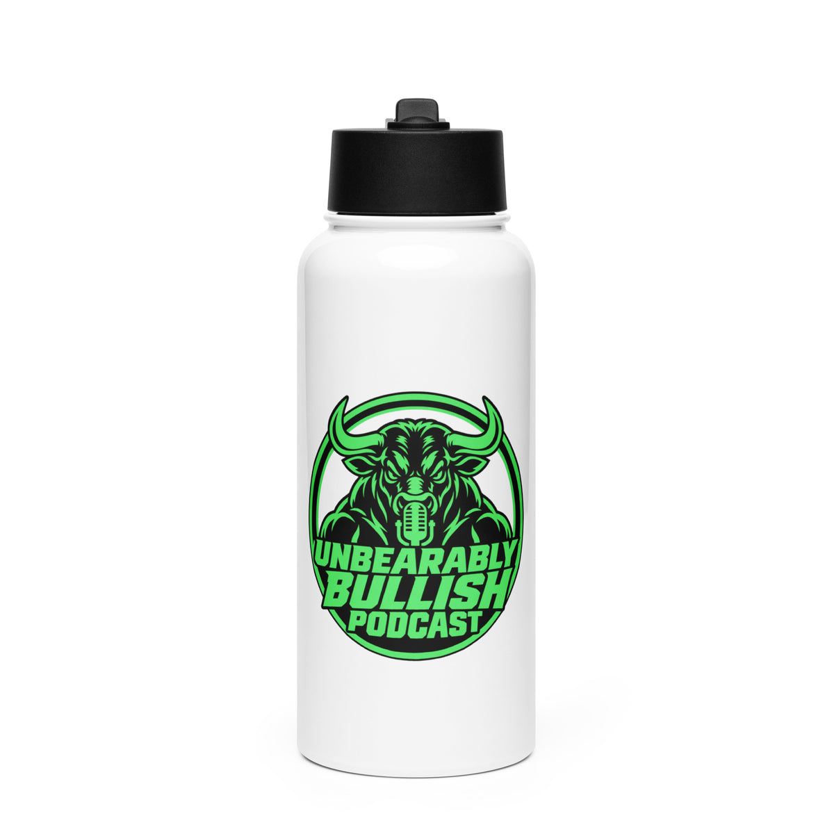 Unbearably Bullish Water Bottle, white 32 oz stainless steel with straw lid, front