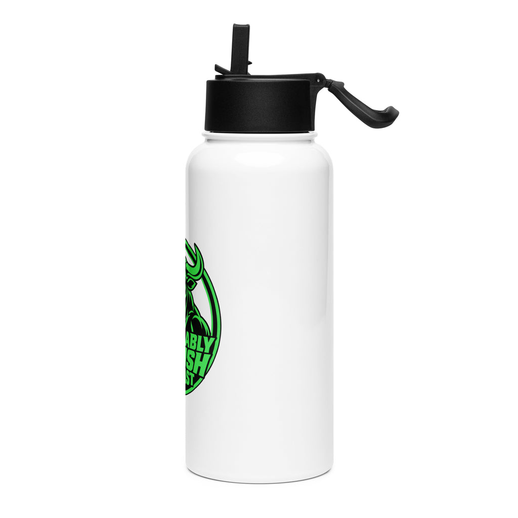 Unbearably Bullish Water Bottle, white 32 oz stainless steel with straw lid, left side