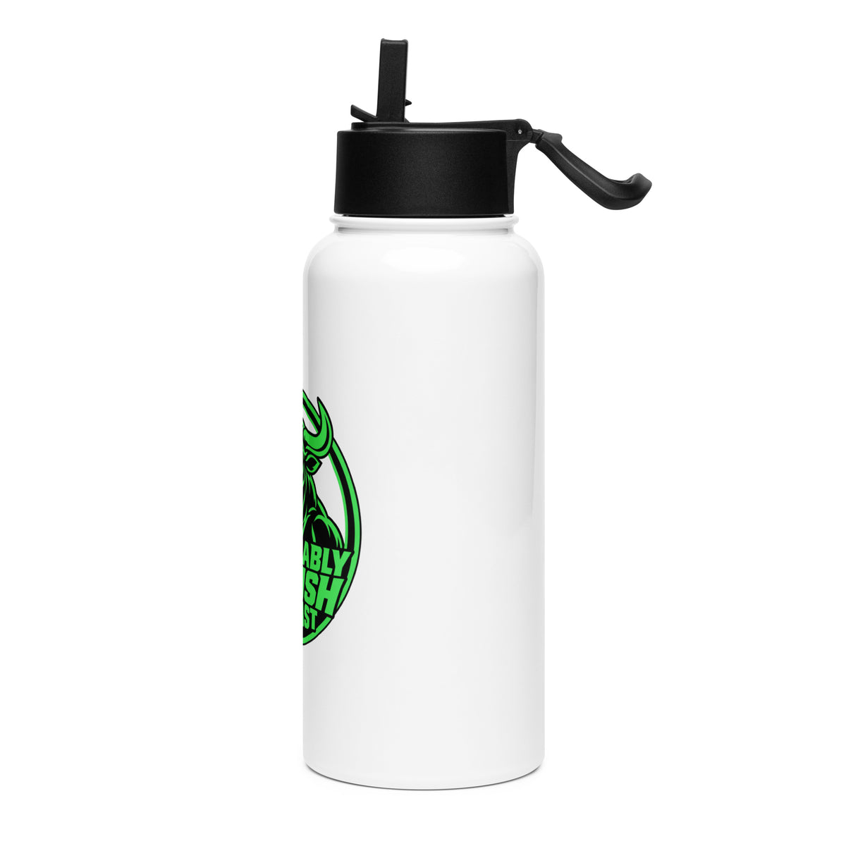 Unbearably Bullish Water Bottle, white 32 oz stainless steel with straw lid, left side